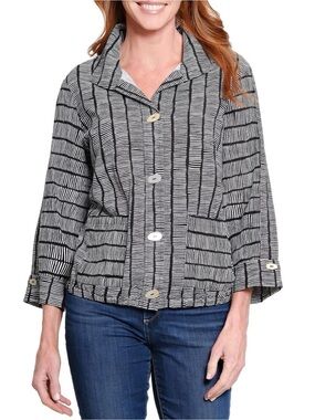 NWT Ali Miles Point Collar Black & White Striped Linen Blend Button-Up Blouse 3X